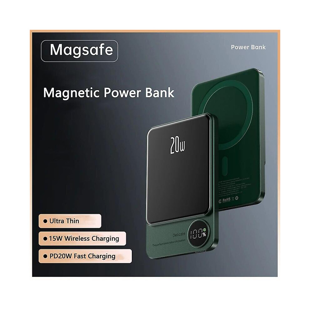 (Green, 10000mAh) Slim 10000mah Magnetic Qi Wireless Charger Power Bank For Iphone 14 13 12 11 Samsung Huawei Xiaomi 22.5w Fast Charging Powerbank