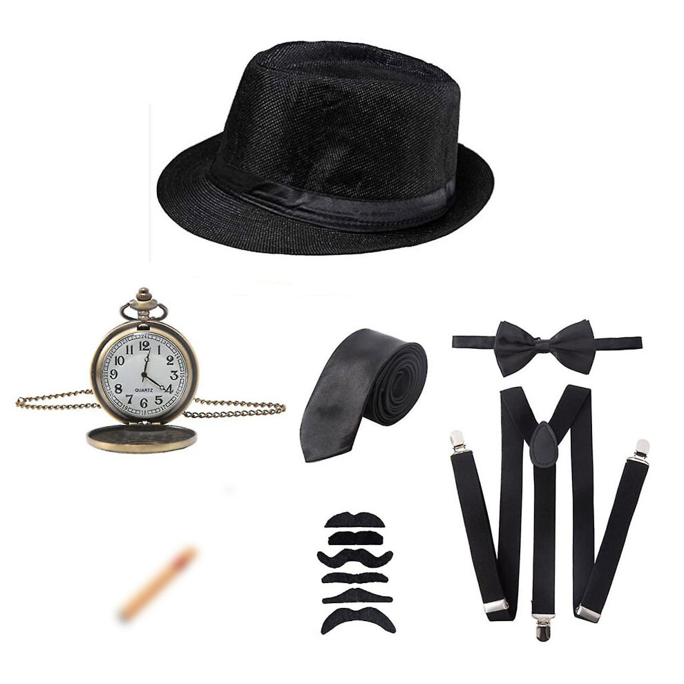 (D) 1920s Gatsby Men's Gatsby Mafia Costume Wool Beret Suit 7-piece Set