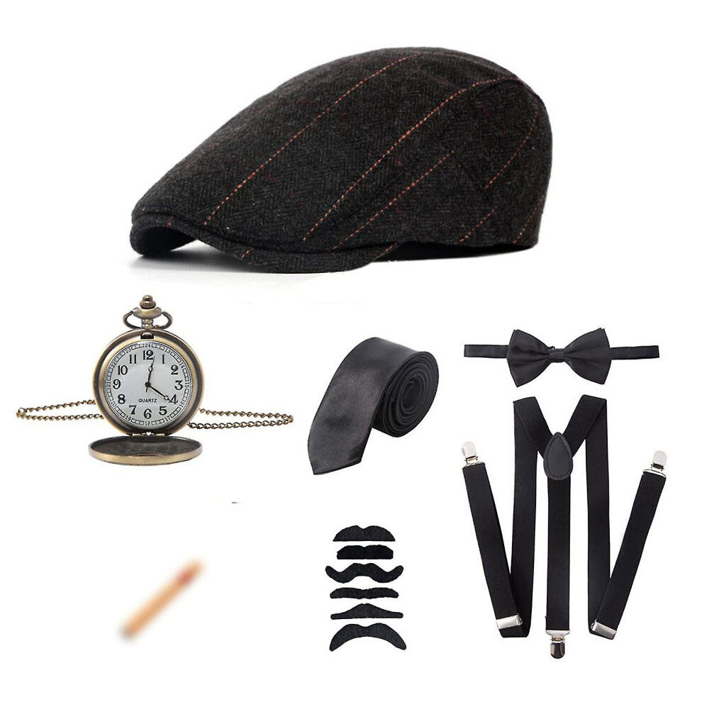 (C) 1920s Gatsby Men's Gatsby Mafia Costume Wool Beret Suit 7-piece Set