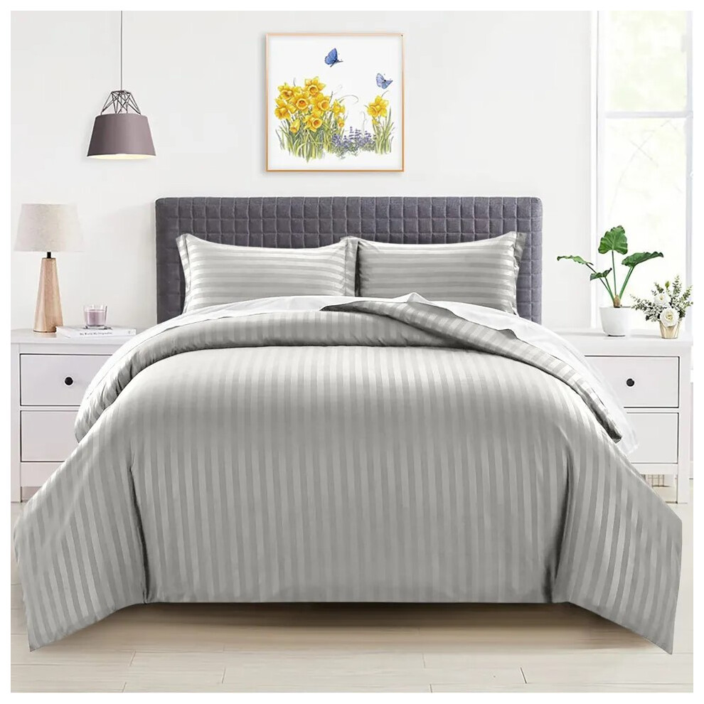 Oxford Homeware (, Double) Luxury Duvet Set Stripe Duvet Quilt Cover Bedding Set With Pillowcases Silver