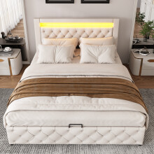 (Double, White) Upholstered LED Bed Frame