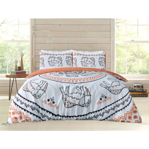 (Rust, Super King) Reversible Polycotton Tribal Elephant Duvet Cover Set