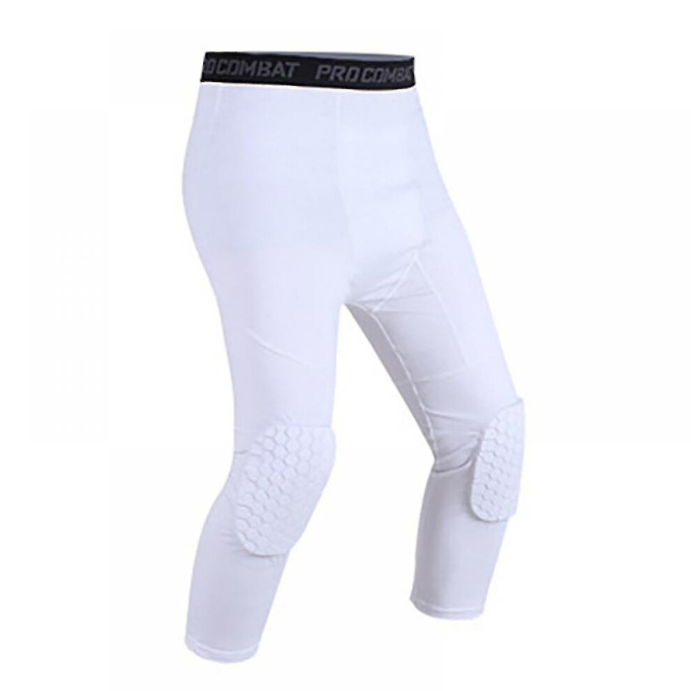 (Right-White, 3XL) Basketball Pants With Knee Pads,youth Crashproof Sports 3/4 Compression Pants Leggings Men Volleyball Protector Gear