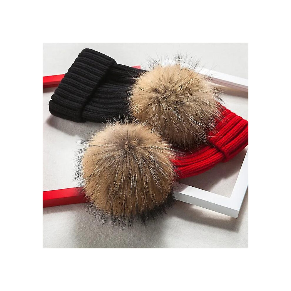 (Yellow, children size) Women Winter Hat High Quality Beanies Cap Real Natural Fox Fur Pompom Hats Brand Bonnet Femme Cap Female Causal Hat