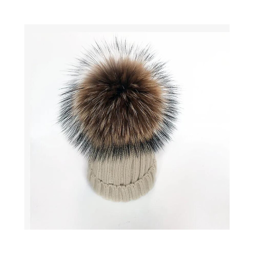 (beige, children size) Women Winter Hat High Quality Beanies Cap Real Natural Fox Fur Pompom Hats Brand Bonnet Femme Cap Female Causal Hat