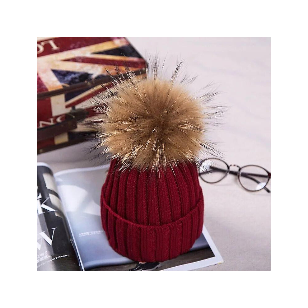(wine red, Adult size) Women Winter Hat High Quality Beanies Cap Real Natural Fox Fur Pompom Hats Brand Bonnet Femme Cap Female Causal Hat