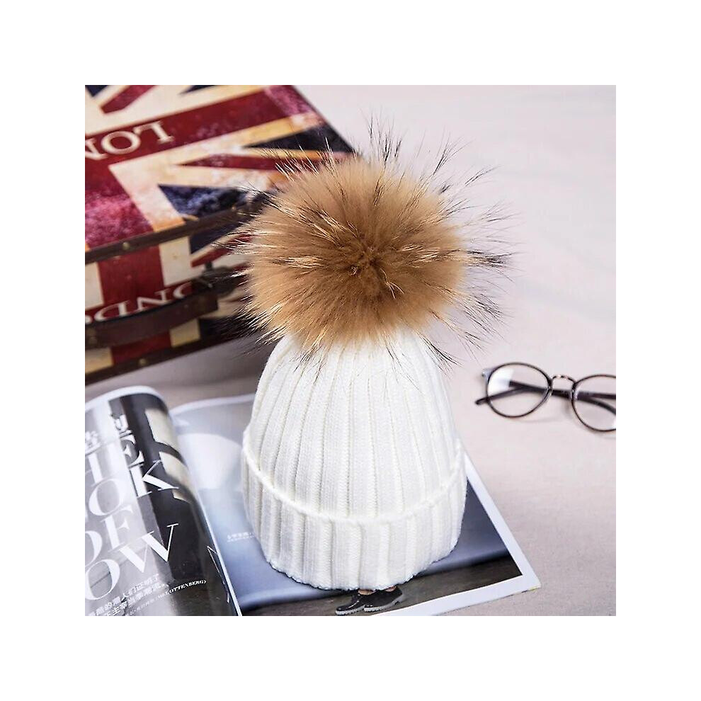 (milk white, Adult size) Women Winter Hat High Quality Beanies Cap Real Natural Fox Fur Pompom Hats Brand Bonnet Femme Cap Female Causal Hat