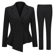 (Black, L) Women's 2 piece women's double breasted asymmetrical slim fit suit (blazer pants)