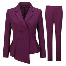 (Burgundy, L) Women's 2 piece women's double breasted asymmetrical slim fit suit (blazer pants)