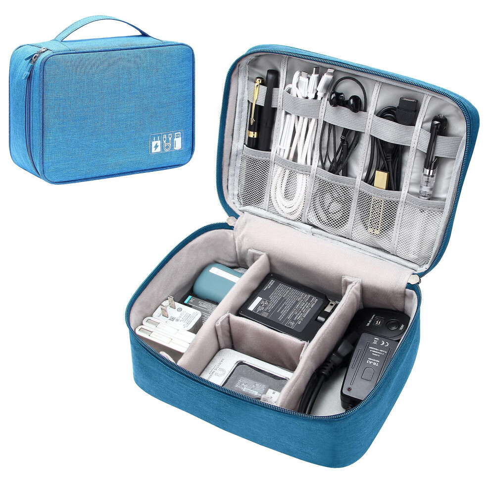 (Blue) Electronics Organizer Travel Universal Cable Organizer Bag Waterproof Electronics Accessories Storage Cases For Cable, Charger, Phone, Usb, Sd-image-OPC-PDX2MPB-NEW