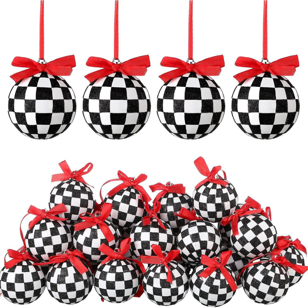 12pcs Ornaments - Glittered Black And White Checkered Ball Ornament With Red Bow And String Christmas Tree Decoration, Pendant Decor Ornament, Scene D