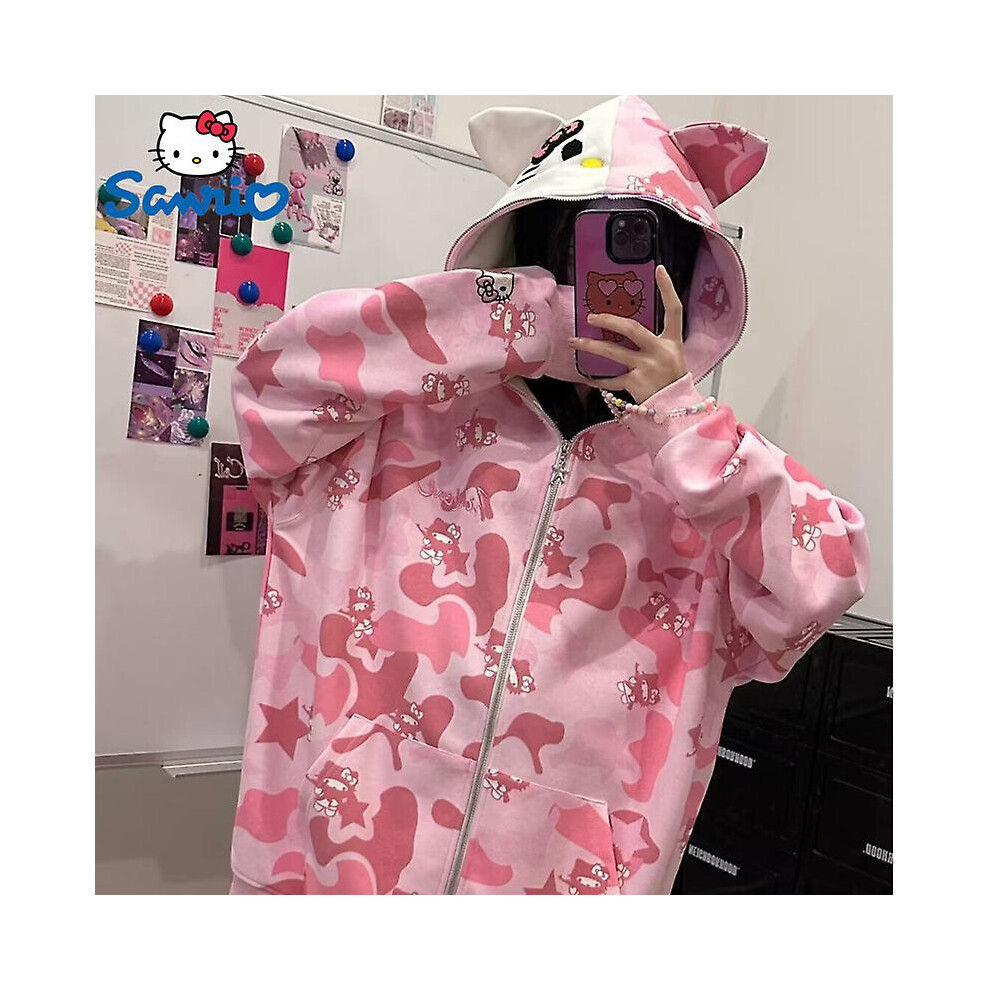 (XL) Sanrio Hello Kitty Camo Pink Cotton Hooded Embroidered Sweatshirt Women's Loose Zipper Coat Fashion Streetwear Hoodies Clothes