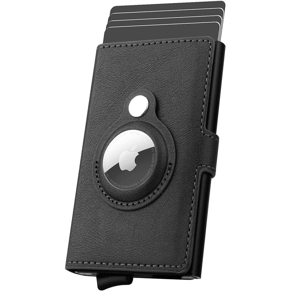 Airtag Wallet Credit Card Holder For Men, Rfid Blocking Leather Card Holder Pop Up Metal Bank Card Case(black)