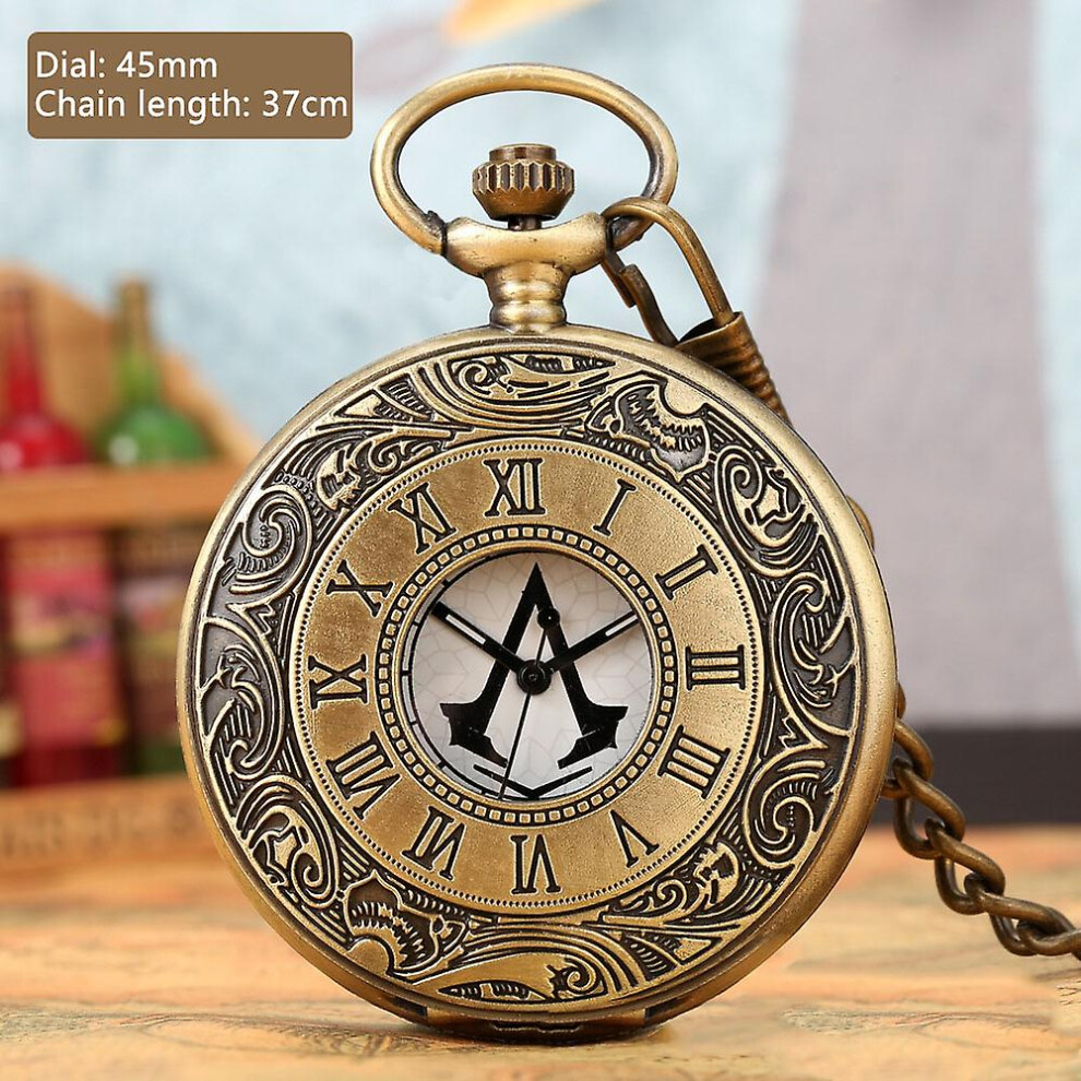 (Bronze Waist Chain) Antique Pocket Watch Assassin's Creed Style Roman Numeral Necklace Pendant Watch