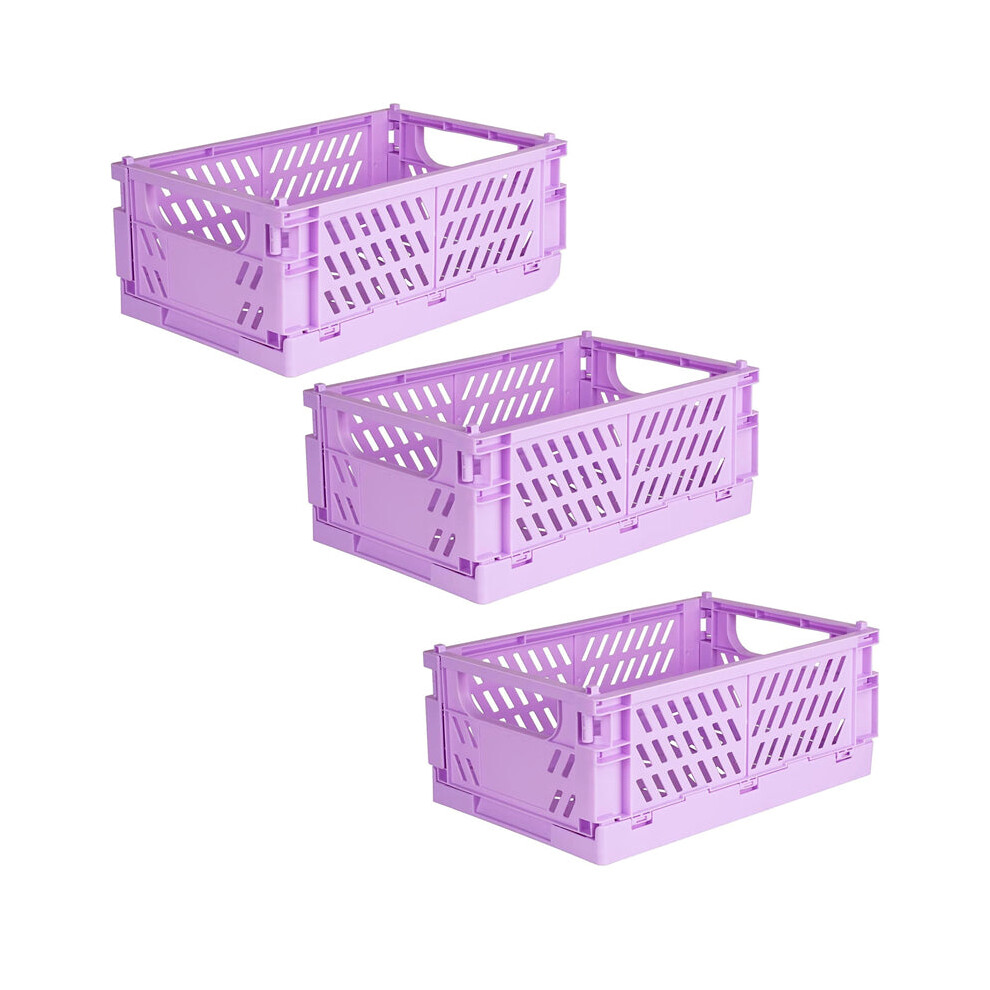 (Purple) Hansona Pack of 3 Mini Folding Plastic Crates Storage Basket Organizers