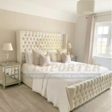 (Double 4FT6", Mink Plush) Winged Back Chesterfield Bed Frame With Mattress Matching Headboard & Footboard Double 4ft/5ft/6ft