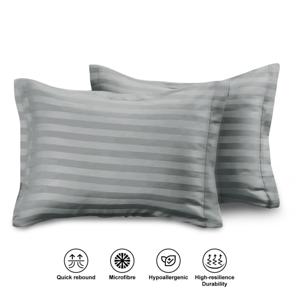 (Stripe Pillowcase Pack of 2, Grey) Duvet Quilt Cover Set Satin Stripe Luxury Bedding