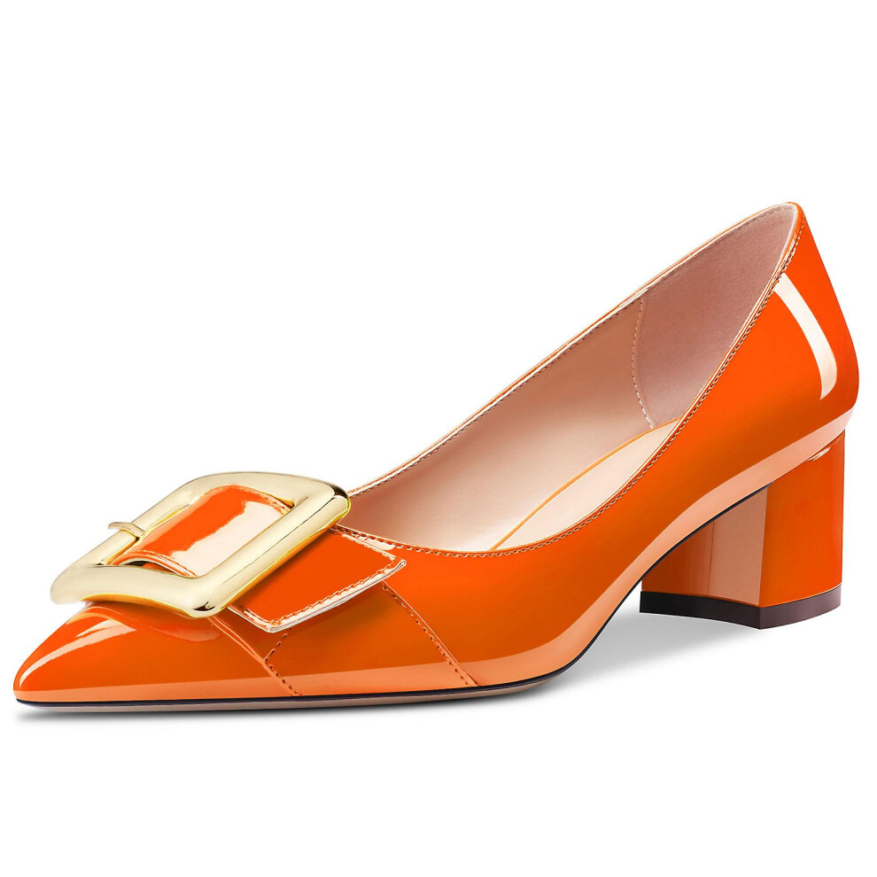 (Light Orange, US 10 EU 41) Aachcol Women Chunky Block Mid Low Heel Pumps Slip-on Pointed Toe Dress Shoes Office Party Wedding Patent 2 Inch