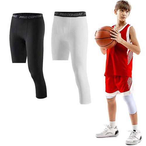 (White left long, M) Basketball Tights 3/4 Compression Pants For Men