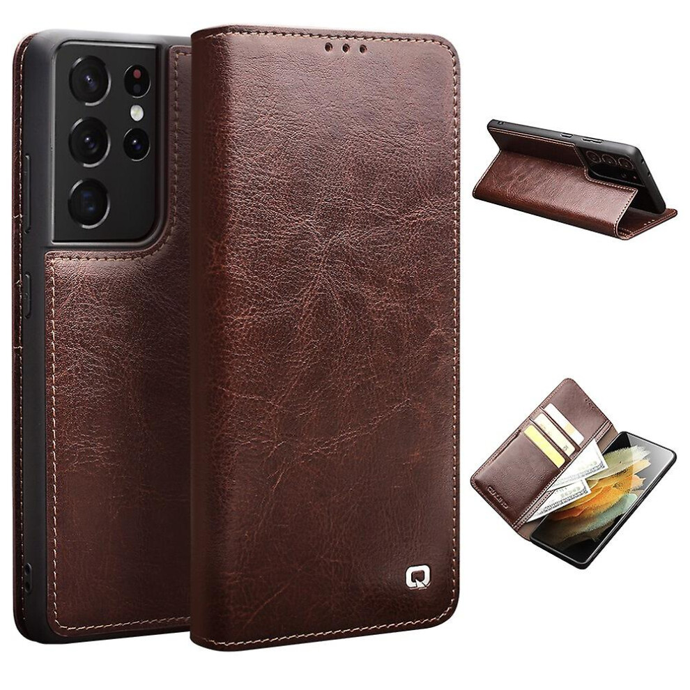 Qialino Genuine Leather Phone Cover For Samsung Galaxy S21 Ultra 5G Stand Wallet Folio Flip Case 3010291252375
