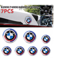BMW 50th Anniversary Emblem Set 7pcs: Hood 82mm, Trunk 74mm, Wheel Caps 68mm (x4), Steering Wheel 45mm; ABS + Aluminum, Waterproof, Anti-Rust