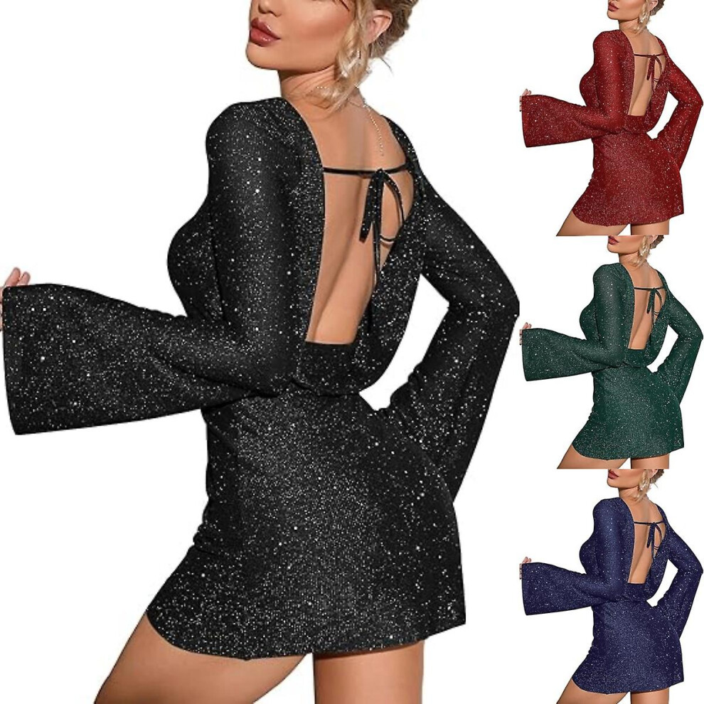 (Red, XXL) Women's Backless Flounce Sleeve Sparkling Mesh Mini Dress Chic And Glamorous-image-OPC-PDX6NDR-NEW