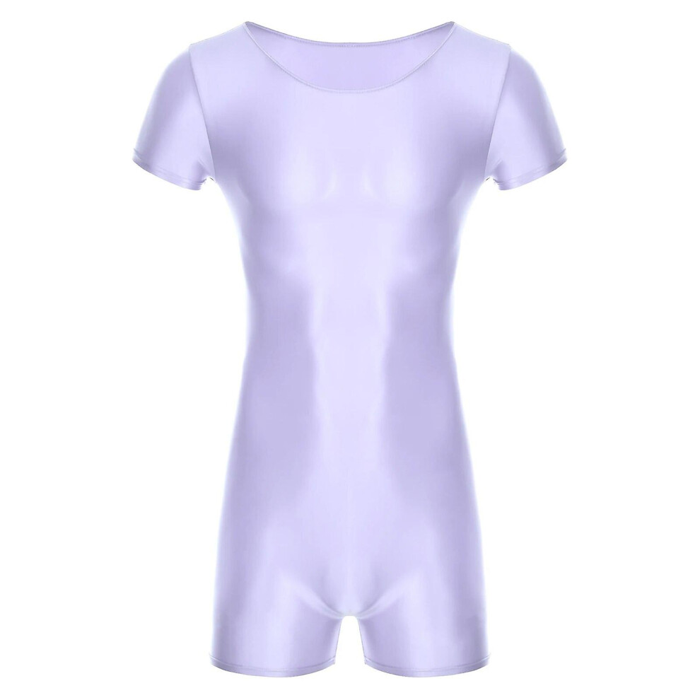 (XL, Purple) Men's Bodysuits Glossy Short Sleeve Bodysuit Jumpsuit For Sport Running Yoga Gymnastics Leotard Unitard Workout Dancewear