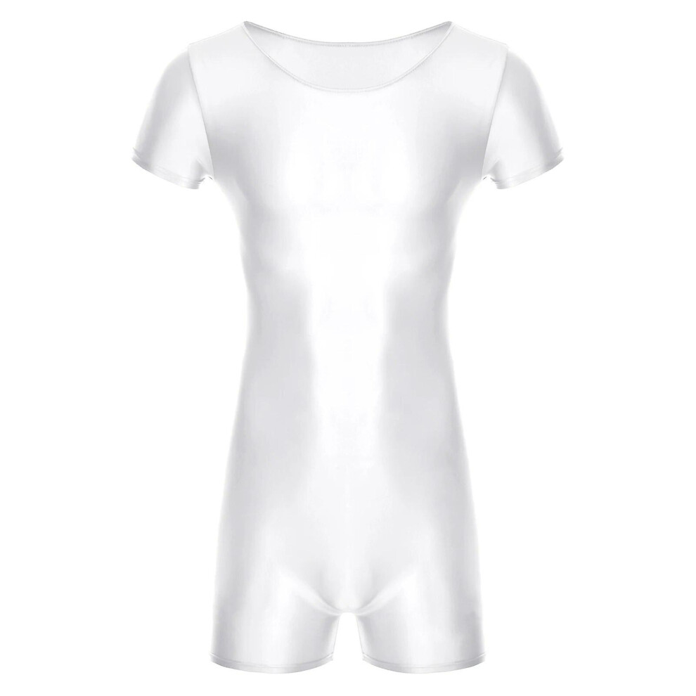 (XL, White) Men's Bodysuits Glossy Short Sleeve Bodysuit Jumpsuit For Sport Running Yoga Gymnastics Leotard Unitard Workout Dancewear