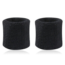 (Black) 2Pcs Sports Wristband Solid Color Absorbent Cotton Breathable Quick Dry Sweatband for Tennis