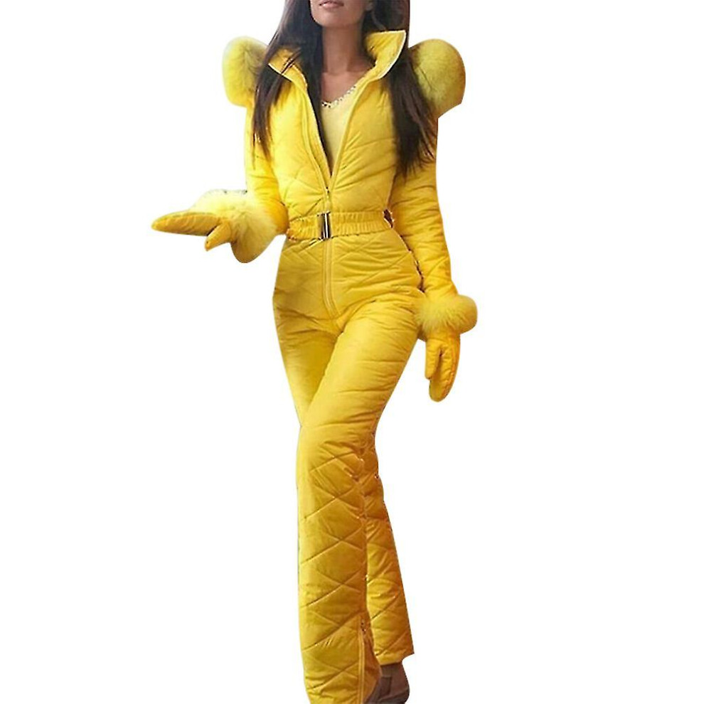 (Yellow, S) Women Winter Warm Snowsuit Outdoor Sports Pants Ski Suit Waterproof Jumpsuit