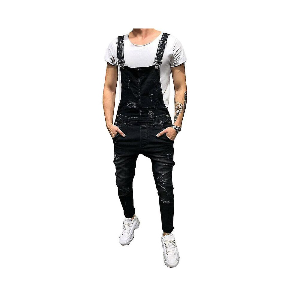 (Black, 2XL) Mens Denim Ripped Overalls Jeans Dungarees Jumpsuits With Pockets