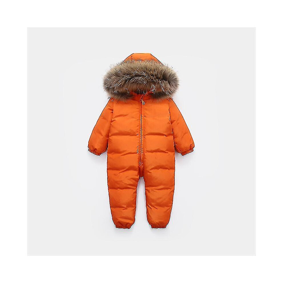 (Orange, 12M) Russian New Jumpsuit Kids Winter Wear Baby Boy Snowsuit Parka Nature Fur 90% Duck Down Jacket For Girl Clothes Coat Overalls
