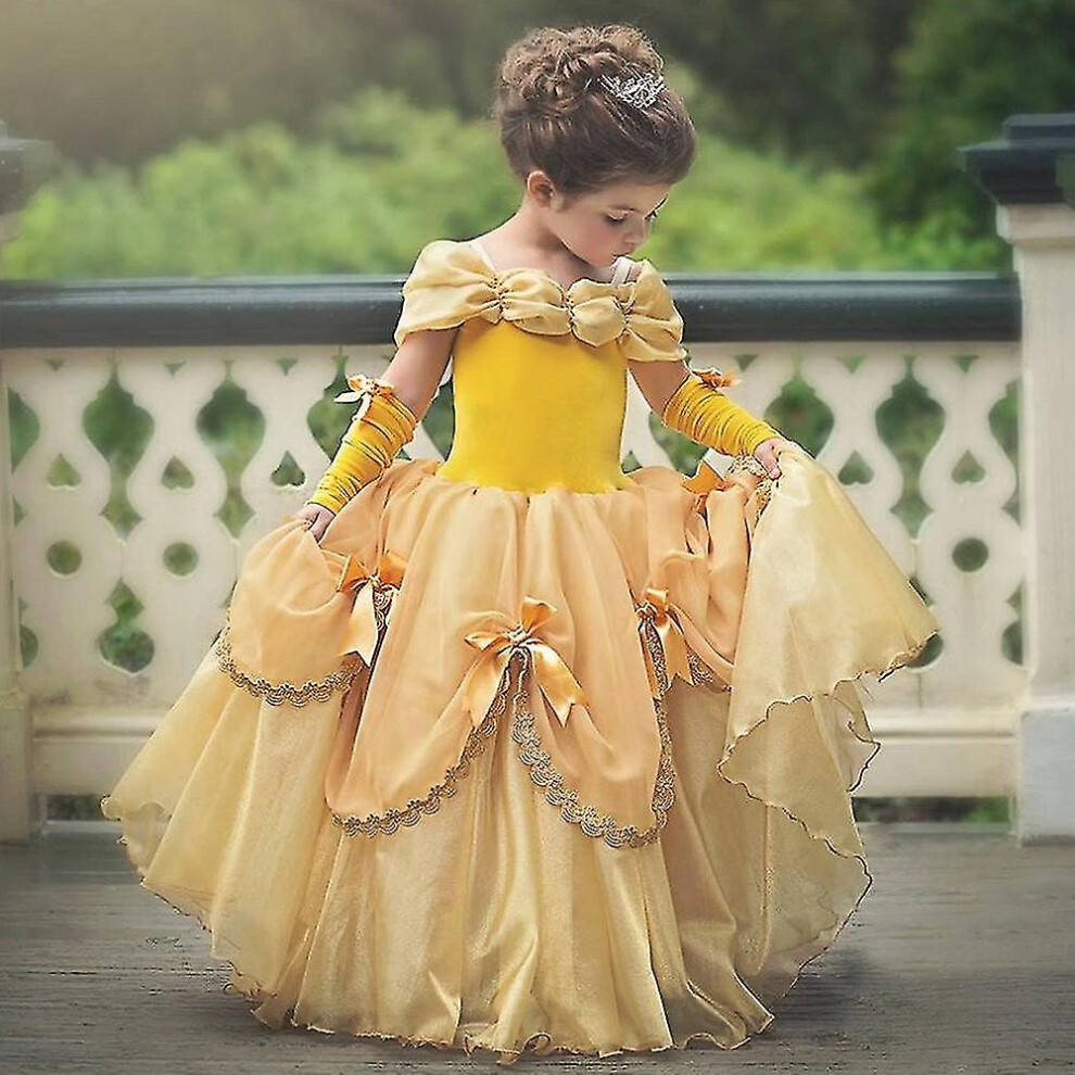 Kids Girls' Beauty And The Beast Princess Belle Costume Dress Cartoon Layered Ruched Lace Yellow Maxi Short Sleeve Cute Dresses Regular Fit 2-3 Years(