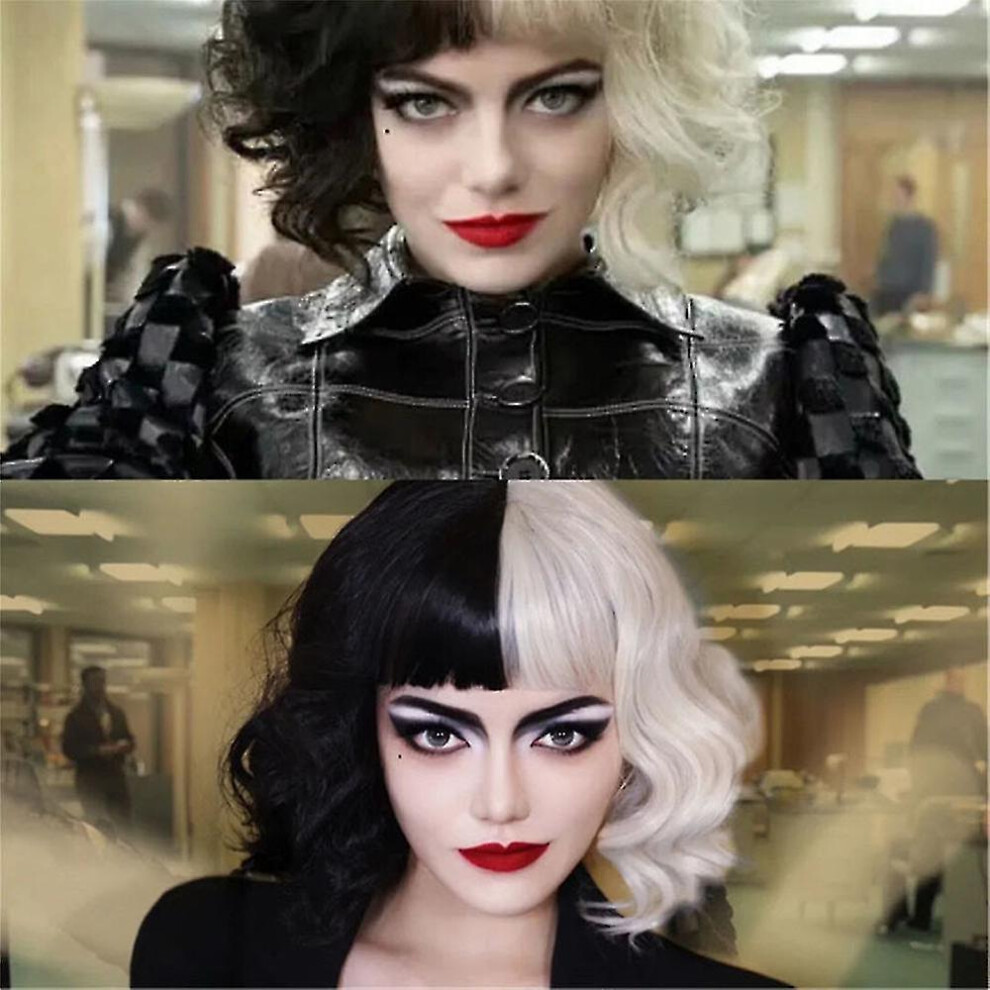 Cruella Devil Cosplay Wig Half Black And White For Women Cosplay Supply,short Wavy Bob Halloween Party Wigs With Bangs