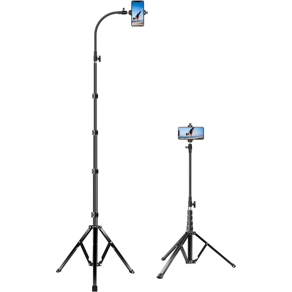 (Gooseneck Version) 81in/205cm Tall Tripod for iPhone, Flexible Mobile Phone Tripod with 43cm Adjustable Gooseneck, Heavy Duty Metal Tripod Mount for iPhone