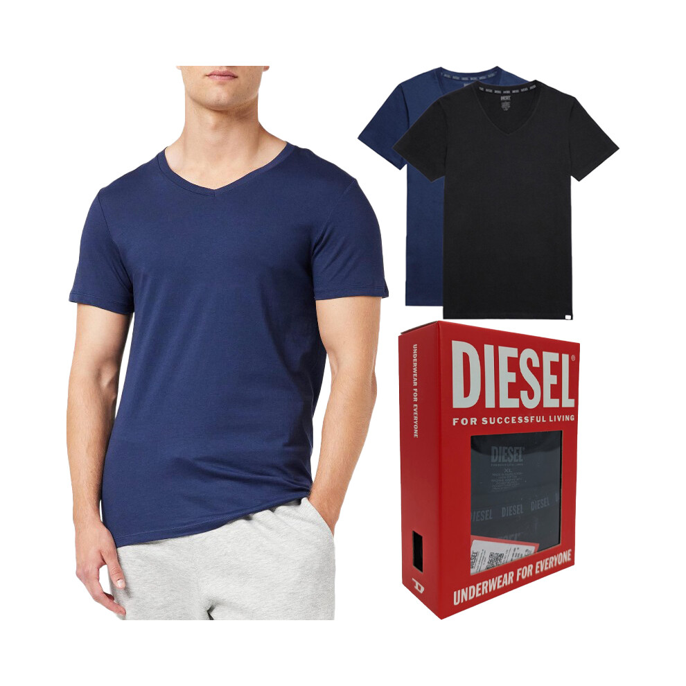 (Black and Blue, S) DIESEL UMTEE E4305 Mens T Shirts 2x Pack V Neck