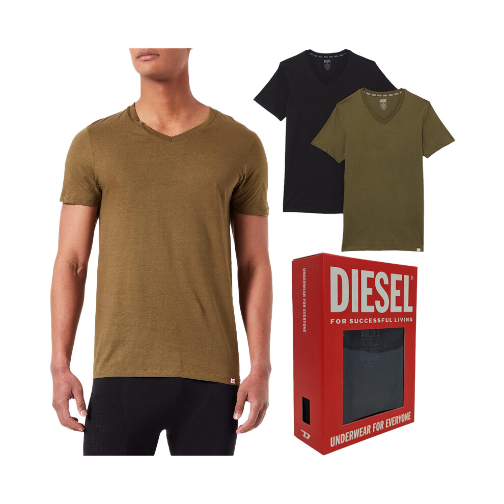 (Black And Olive, XL) DIESEL UMTEE E5861 Mens T Shirts 2x Pack V Neck