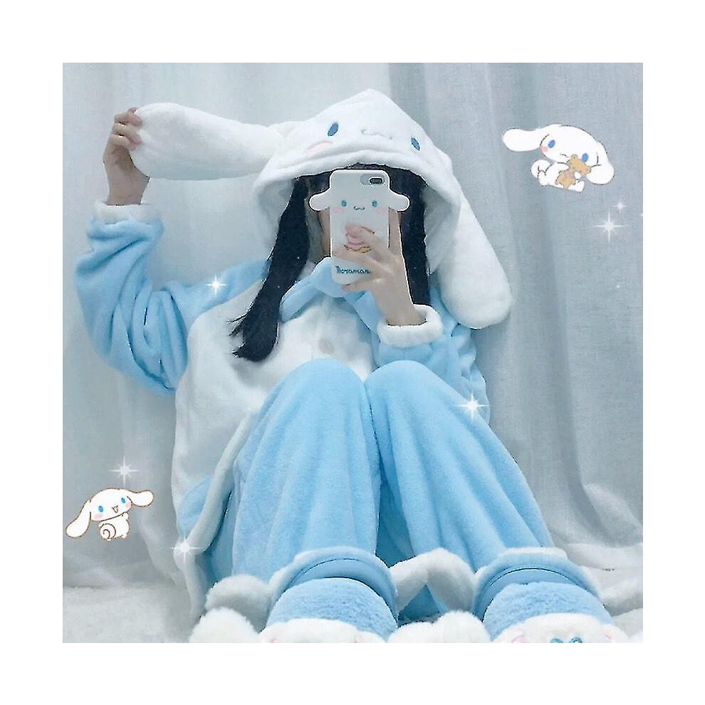 (Cinnamoroll, XL 60*67.5KG) Born Pretty Sanrios Cinnamoroll Kawaii Anime Cartoon Flannel Women's Pajamas Set Winter Thickening Nightgown Homewear