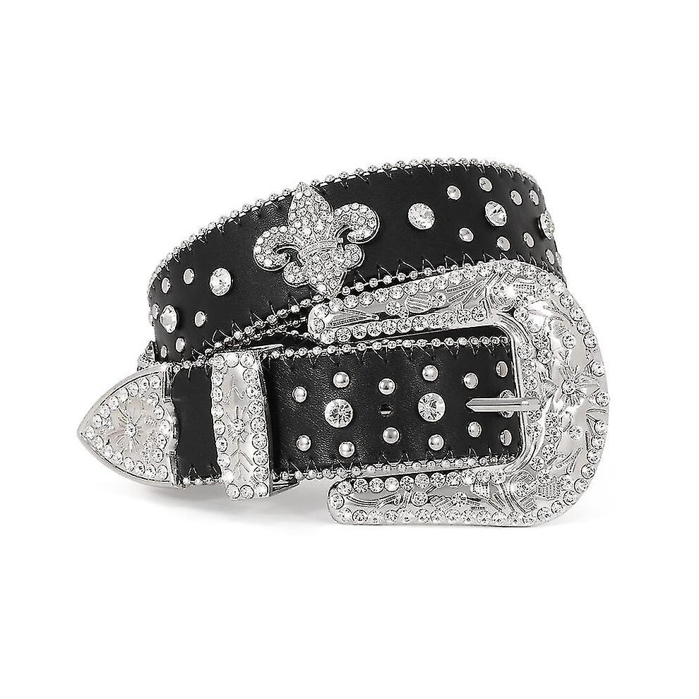 (black-crown, 125cm(49Inch)) Jasgood Rhinestone Studded Belt For Men Women, Western Leather Belt For Cowgirl Cowboy Vintage Bling