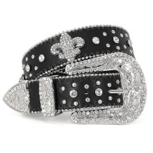 (black-crown, 105cm(41Inch)) Jasgood Rhinestone Studded Belt For Men Women, Western Leather Belt For Cowgirl Cowboy Vintage Bling