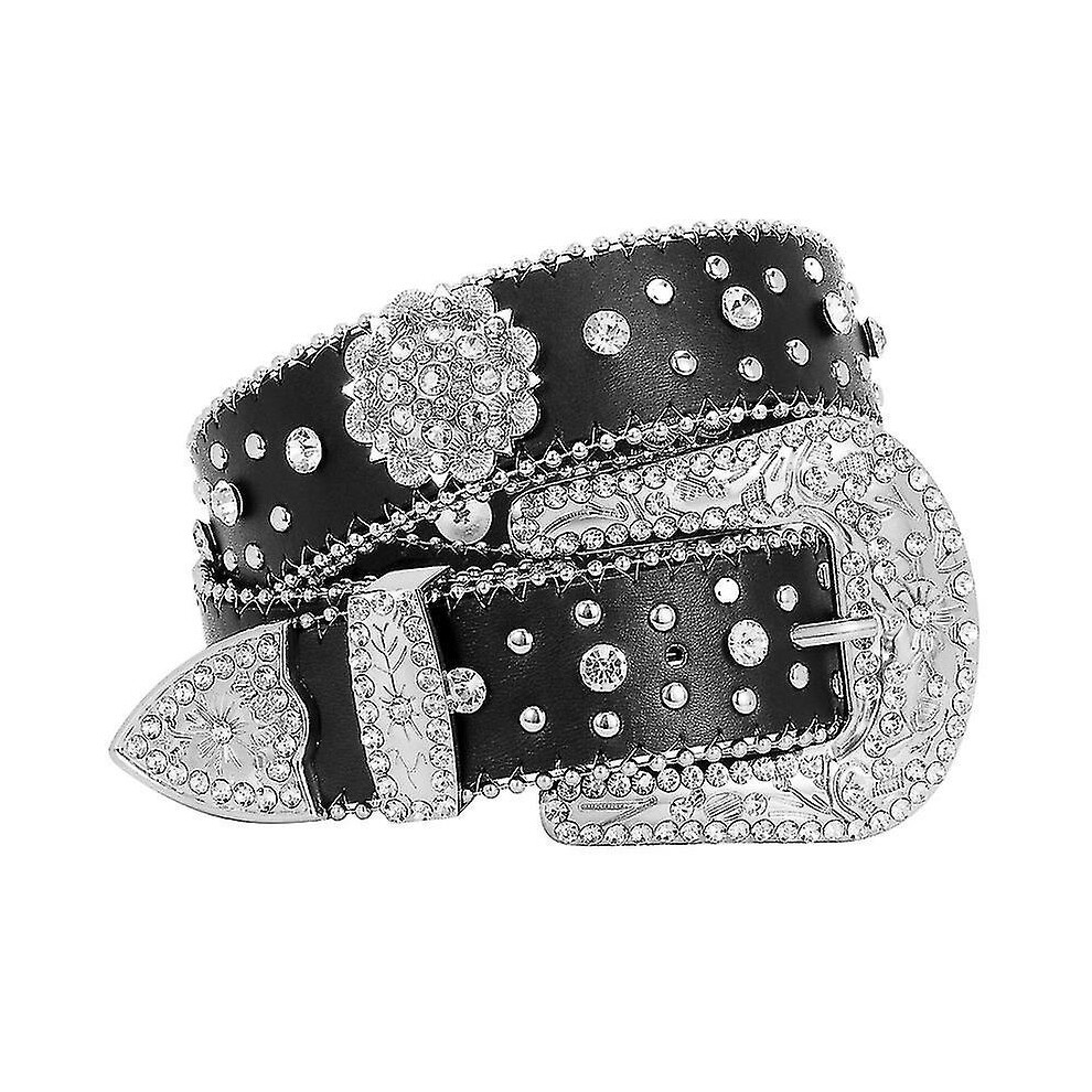(black-flower, 115cm(45Inch)) Jasgood Rhinestone Studded Belt For Men Women, Western Leather Belt For Cowgirl Cowboy Vintage Bling