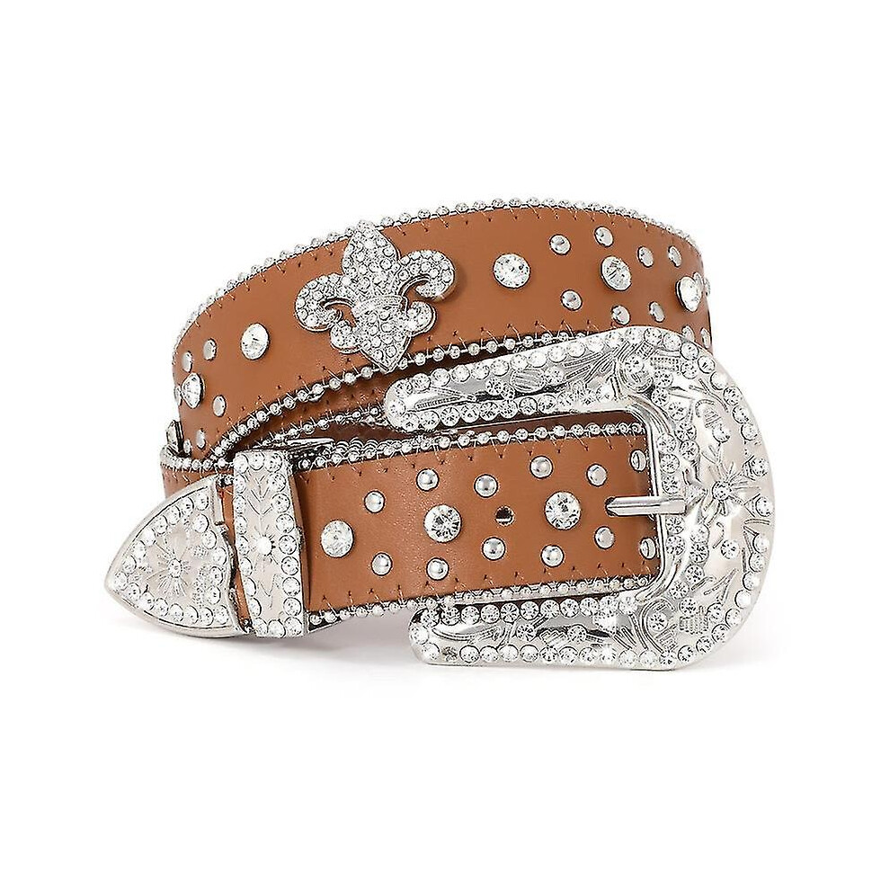 (brown-crown, 125cm(49Inch)) Jasgood Rhinestone Studded Belt For Men Women, Western Leather Belt For Cowgirl Cowboy Vintage Bling