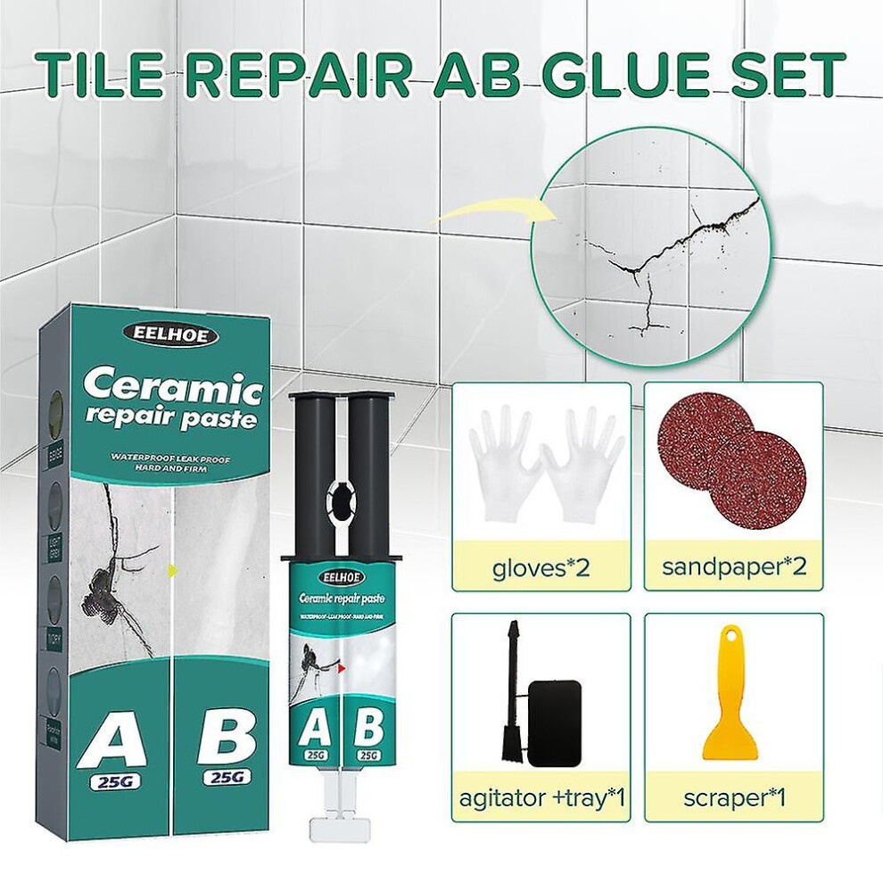 (Yellow) Ceramic Tile Glue Adhesive Scratch Cracks Repair Paste Kit With Scraper And Stirring Tools 6262875407016