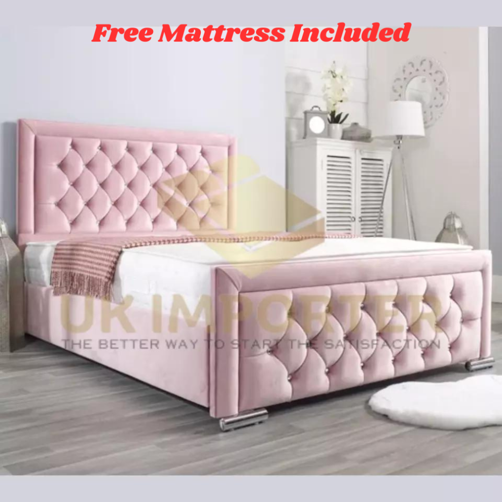 (Small Double 4FT, Pink(with Gaslift Storage)) Luxury Hilton Bed Bumper Bar Bed Frame Velvet Chesterfield Ottoman Bed With Mattress