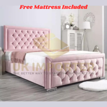 (Double 4FT6, Steel(with Gaslift Storage)) Luxury Hilton Bed Bumper Bar Bed Frame Velvet Chesterfield Ottoman Bed With Mattress