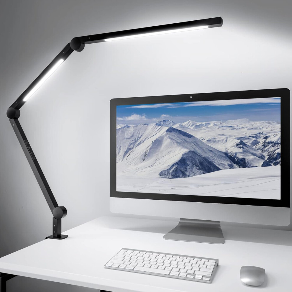 (Black) LED Desk Lamp with Clamp Dual Light Source, Dimmable 4 Colour Modes and Brightness Swivel Arm Eye Care Clip-On Construction Lamp with Memory