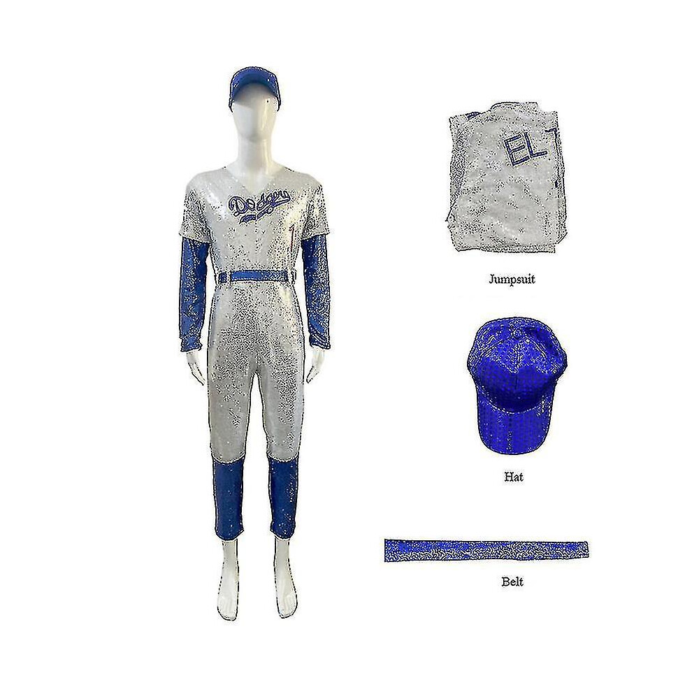 (M) Adults Cosplay Bodysuit Rocketman Elton John Costume Baseball Uniform Jumpsuit With Cap Hat Belt Halloween Carnival Fancy Party