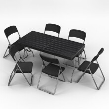 (6 Folding Chairs) 5ft Black Rattan Wood Folding Table and Chairs Set