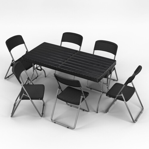 (6 Folding Chairs) 5ft Black Rattan Wood Folding Table and Chairs Set