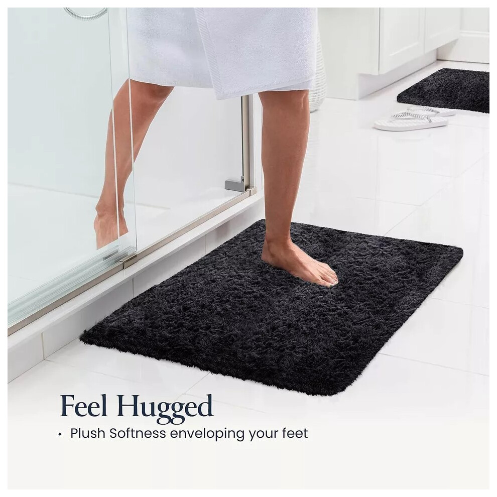 (Black, 60cm x 110cm (2ft x 3ft 7")) Non Slip Mats Shaggy Door Mat Fluffy Soft Bath Mat